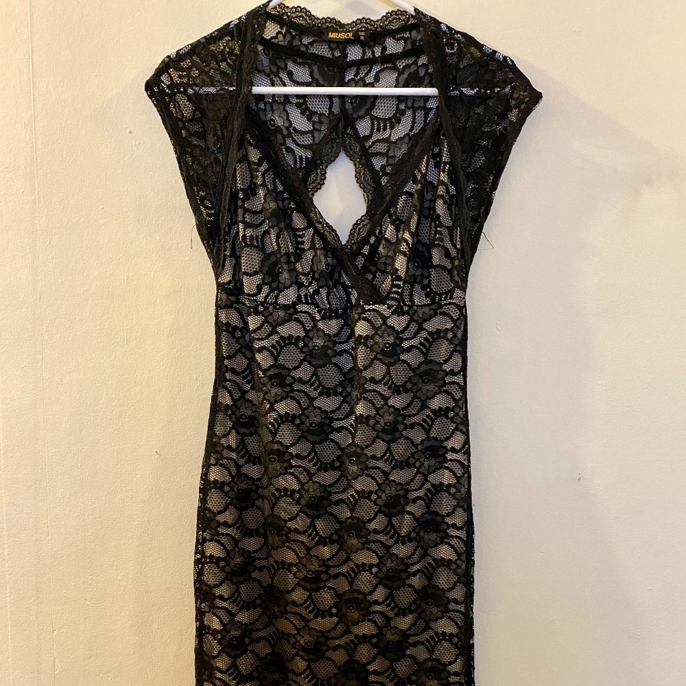 Black Lace Party Dress with Tan Underlining
